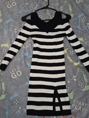 Black & White Striped Long Sleeve Cold-Shoulder Dress